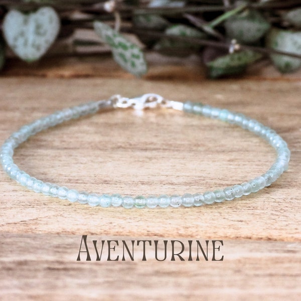 Dainty Green Aventurine Gemstone Bracelet With Sterling Silver 925 Clasp, Boho Style Adjustable Crystal Healing Stacking Personalised Charm