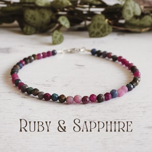 Minimalist Ruby & Sapphire Bracelet, Adjustable Custom Crystal Healing Stacking Bangle, Zodiac, Waterproof, Gemstone, Pink, Blue, Birthstone
