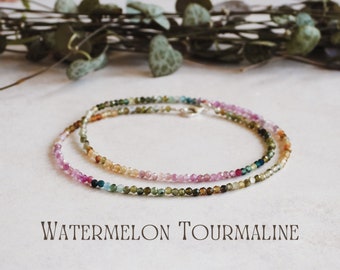 Dainty Watermelon Tourmaline Necklace, Minimalist Crystal Healing Choker, Gradient Gemstone, October Birthstone, Birthday Gift Idea, Reiki