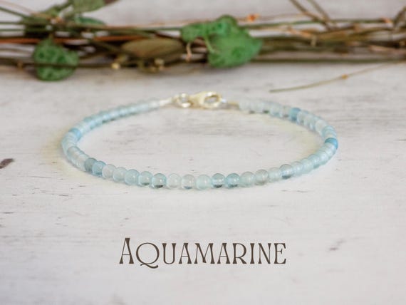 Minimalist Aquamarine Gemstone Bracelet: 3mm, March Birthstone, Crystal Healing, Handmade - Ula Jewellery