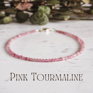 Dainty Pink Tourmaline Gemstone Bracelet, Custom Crystal Healing Stacking Bangle, Sterling Silver 925, October Birthstone, Morning Sickness