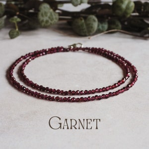 Dainty Garnet Gemstone Necklace, Minimalist Crystal Healing Red Beaded Choker, January Birthstone, Bohemian Friendship Gift, Silver 925, Eco