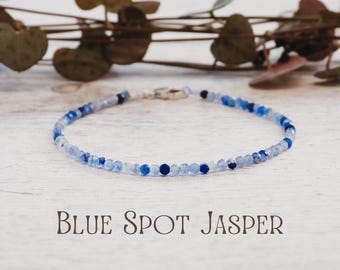 Dainty Blue Spot Jasper Gemstone Bracelet: Handmade Calming Crystal 925 Charm by Ula Jewellery