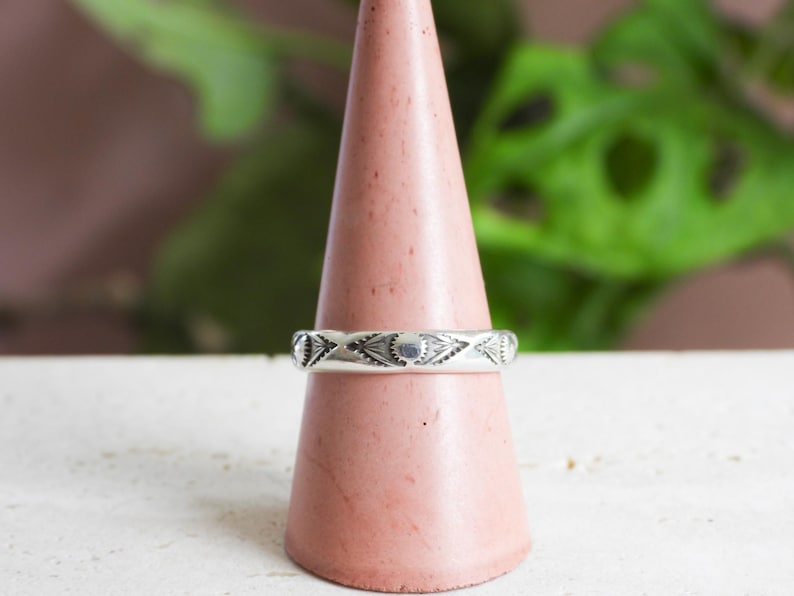 May include: A silver ring with a repeating geometric pattern of diamond and dot shapes. The ring is displayed on a pink cone-shaped stand, with a blurred green plant background. The ring is a band style.