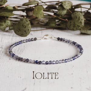 Dainty Iolite Faceted Gemstone Beaded Bracelet Sterling Silver Addiction Worry Sailing Crystal Healing Third Eye Bohemian Reiki Viking Stone