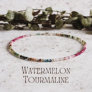 Dainty Watermelon Tourmaline Gemstone Anklet, Minimalist Crystal Healing Beaded Ankle Bracelet, Personalised Charm, October Birthstone, Eco