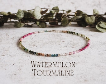 Dainty Watermelon Tourmaline Gemstone Anklet, Minimalist Crystal Healing Beaded Ankle Bracelet, Personalised Charm, October Birthstone, Eco