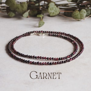 Dainty Garnet Gemstone Necklace, Minimalist Crystal Healing Red Beaded Choker, Silver 925, January Birthstone, Birthday Gift, Customisable