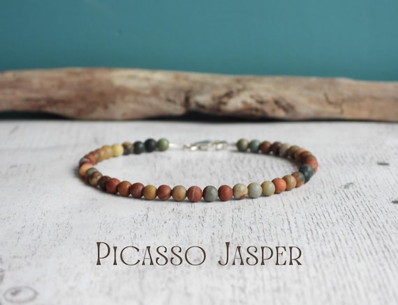 Rustic Picasso Jasper Gemstones Bracelet: Men's Natural Creativity Crystal, 925 - Handmade by Ula Jewellery