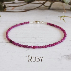 Dainty Ruby Gemstone Bracelet, Minimalist Crystal Healing Pink Beaded Bangle, July Birthstone, Personalised Silver Charm, Birthday Gift Idea