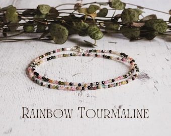 Dainty Faceted Tourmaline Necklace, Minimalist 2mm Crystal Healing Beaded Choker, October Birthstone, Custom Personalised Silver Boho Charm
