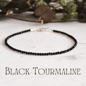 Dainty Black Tourmaline Gemstone Beaded Bracelet, Sterling Silver Personalised Charm, Minimalist Crystal Healing October  Birthstone Beaded
