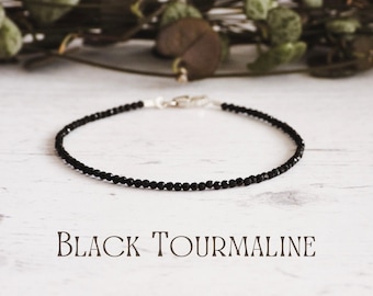 Dainty Black Tourmaline Gemstone Bracelet: Genuine Protection Crystal, 925, Handmade by Ula Jewellery