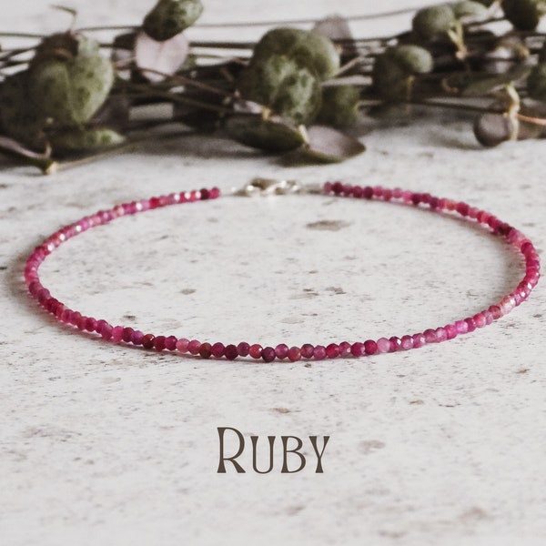 Dainty Faceted Ruby Gemstone Beaded Anklet sterling Silver Crystal Healing July Birthstone Pink Minimalist ADHD Eco Insomnia Blood Clot