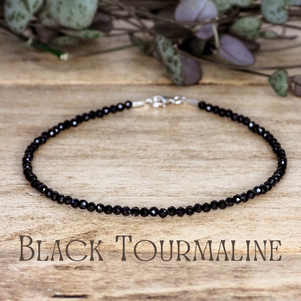 Dainty Black Tourmaline Gemstone Beaded Bracelet Sterling Silver Protection IVF Grounding Crystal Healing Anxiety Grief Boho Crystal Healing