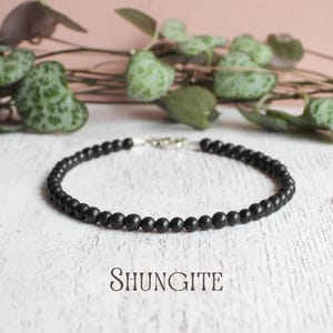 May include: A black beaded bracelet with a silver clasp. The bracelet is made of small, round, matte black beads. The word "SHUNGITE" is printed in a dark brown font below the bracelet. Green leafy vines are in the background.