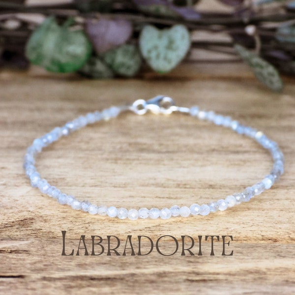 Dainty Faceted Labradorite Gemstone Bracelet Magic Fertility Protection Insomnia Bohemian Sterling Silver 925 Crystal Healing Minimalist Eco