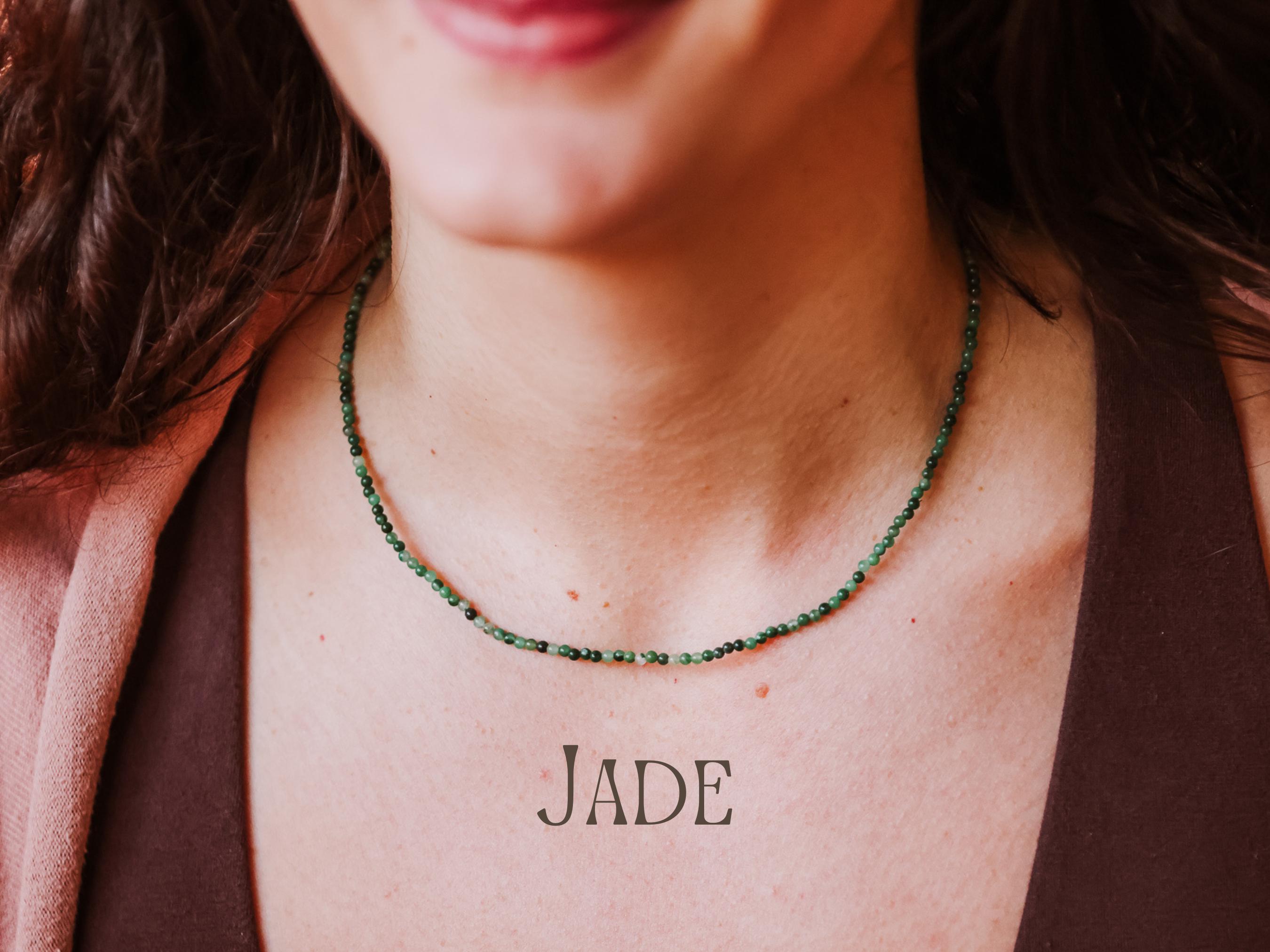 Dainty Jade Gemstone Necklace, Minimalist Green Crystal Healing Beaded Choker, Bohemian Style Jewellery, Custom, Handmade, Eco, Silver 925