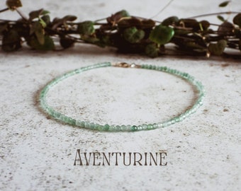 Dainty Faceted Green Aventurine Gemstone Beaded Anklet Crystal Healing Luck Fertility IVF Courage Sterling Silver Boho Bohemian Minimalist