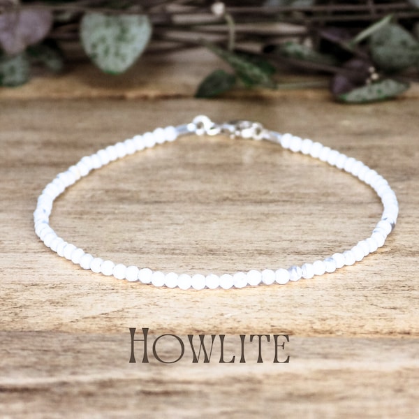 Dainty Faceted Howlite Gemstone Bracelet With Sterling Silver 925 Clasp, Boho Style Adjustable Crystal Healing Stacking Bracelet