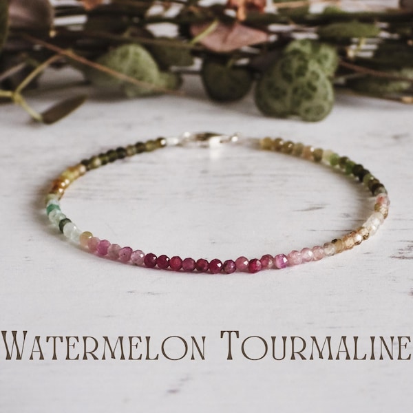 Dainty Watermelon Tourmaline Gemstone Bracelet: Handmade Genuine Crystal 925 Bracelet by Ula Jewellery