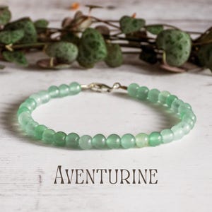 Lucky Green Aventurine Gemstone Bracelet, Minimalist 4mm Crystal Healing Beaded Bracelet, Personalised Silver Charm, Bohemian Jewellery, Eco