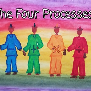 May include: A watercolor painting of four figures representing the four basic mathematical processes. The figures are wearing different colored clothing and have symbols for addition, subtraction, multiplication, and division on their chests. The title "The Four Processes" is written at the top of the painting.