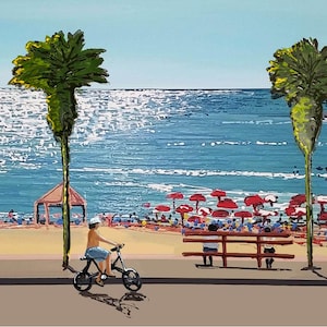 Tel aviv promenade sea ,Walking on along the colorful beach,a mix of acrylic and oil paint upgraded print+ Color additions