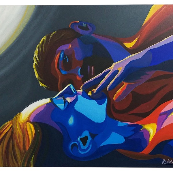 Verlicht met liefde, een verliefd stel op intieme momenten, een origineel schilderij rijk aan gedurfde en opwindende kleuren