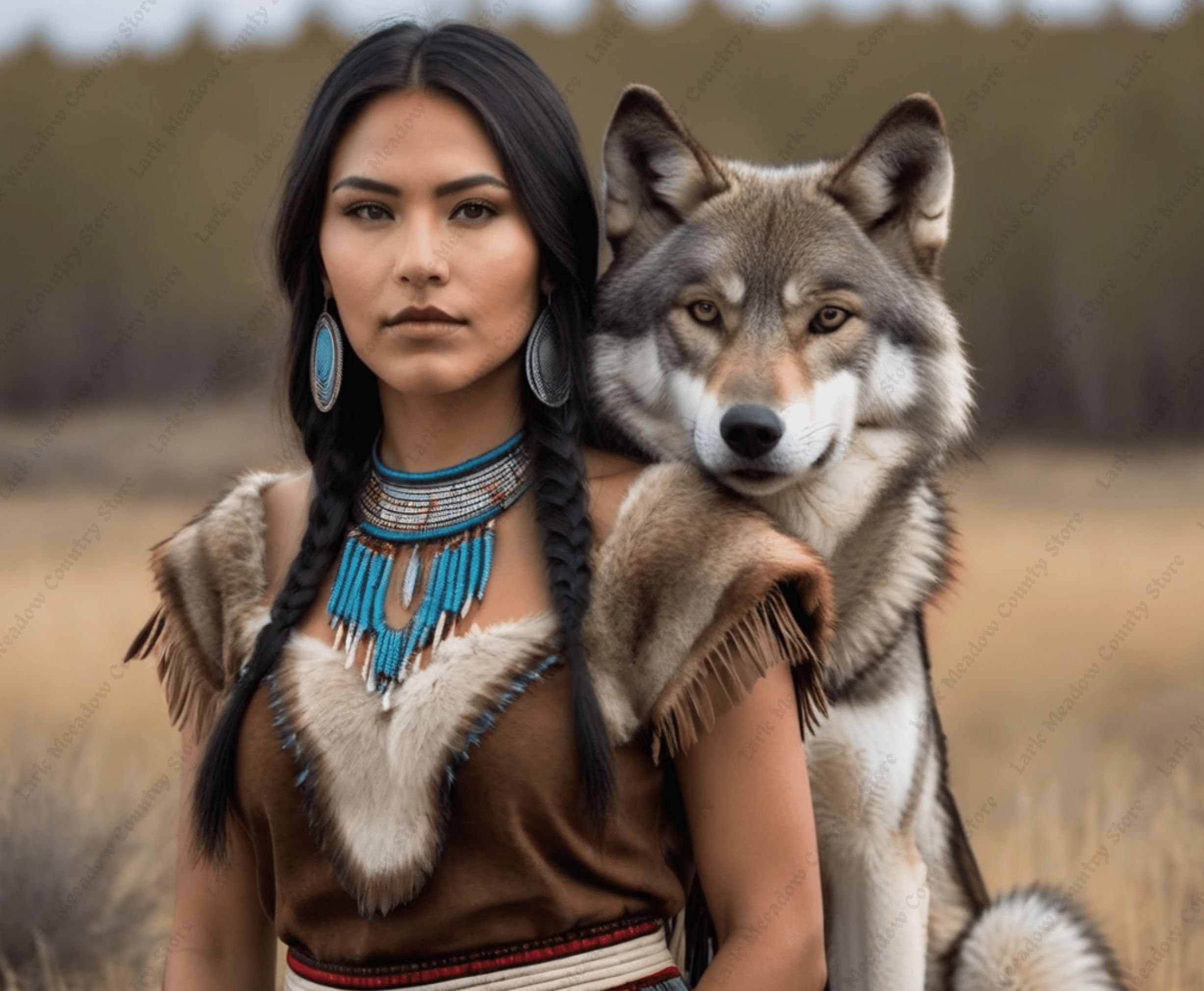 Native American Indian Woman and Wolf, Native American Indian Woman and