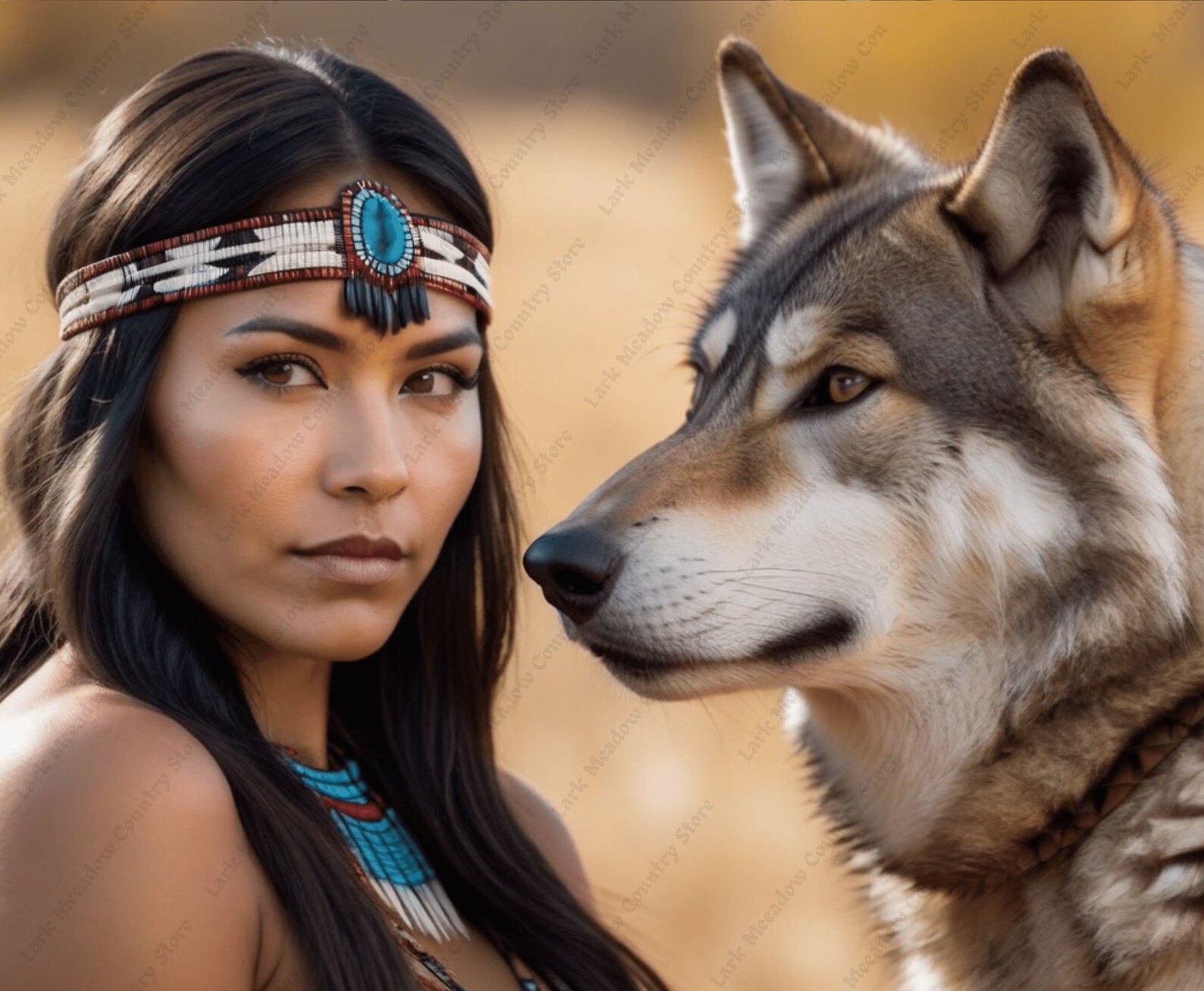 Native American Indian Woman and Wolf, Native American Indian Woman and