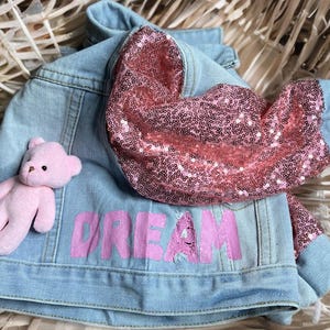 Girls Dream-denimjack met pailletten op maat gemaakte jas met teddybeer Handgeschilderd spijkerjack voor kinderen roze of blauw Cadeau voor meisjes