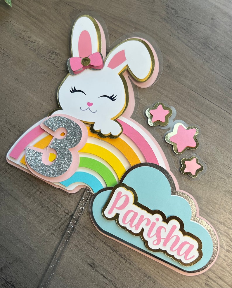 Rainbow Bunny Cake Topper: Custom Birthday Party Decor - Etsy