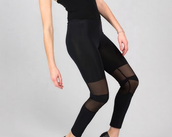 Black elastic leggings with transparencies