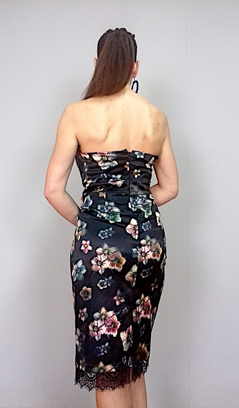 Black Floral Satin Dress - Etsy