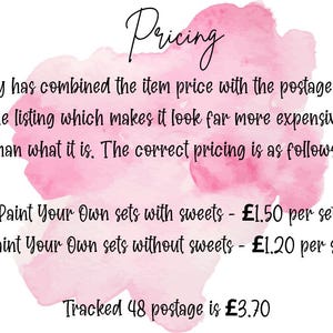 May include: Text on a pink watercolor background that reads "Pricing". The text explains how Etsy combines item price and postage, making it appear more expensive. It lists prices for "Paint Your Own" sets with and without sweets.