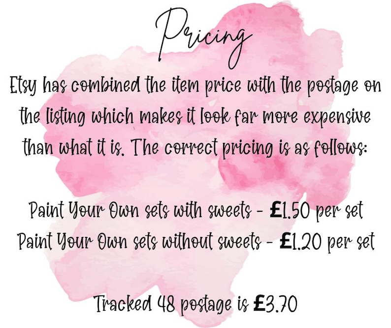 May include: Text on a pink watercolor background that reads "Pricing". The text explains how Etsy combines item price and postage, making it appear more expensive. It lists prices for "Paint Your Own" sets with and without sweets.