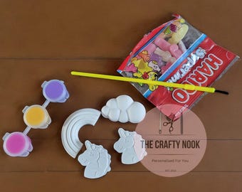 Paint Your Own Unicorn Craft Kit - Plaster Unicorn Figures with 3 Paints, Brush & Sweets | Girls Party Bag Filler and Party Favour
