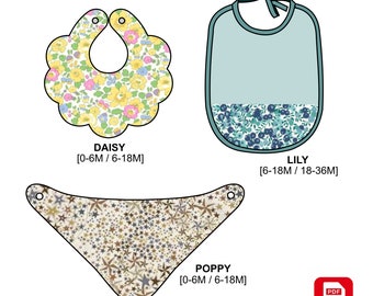 Patronage PDF, trio de bavoirs pour bébé, couture facile, projet DIY