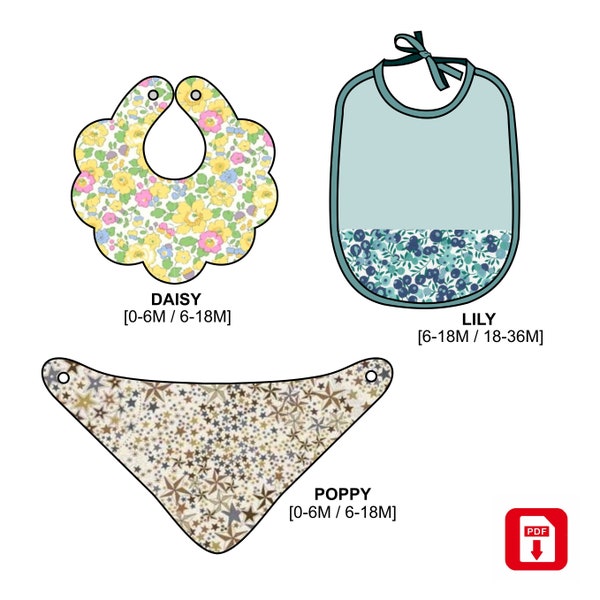 PDF pattern, trio of baby bibs, easy sewing, DIY project