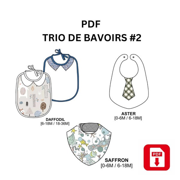 Patronage PDF, trio de bavoirs pour bébé, couture facile, projet DIY