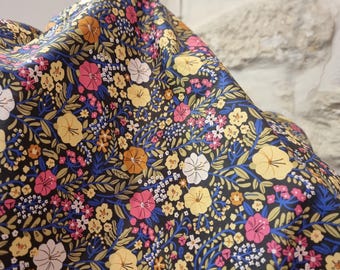 Popeline de coton tissu au mètre fleurs rétro, tissu floral vintage pour robe ete, accessoires, couture pochette, projet de couture