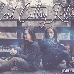 May include: Two people sit on a wooden deck with a blurred background of trees and a sparkling sky. The text "Cord Cutting Ritual" is written in white cursive at the top of the image. The image is filtered with a soft, dreamy effect.