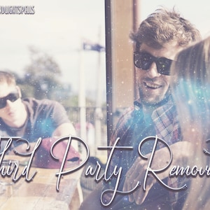 May include: Two people sitting at a table outdoors, with a blurred background of a city street. The person on the left is wearing sunglasses and a black shirt. The person on the right is wearing sunglasses and a plaid shirt. The text "Third Party Removal" is superimposed over the image.