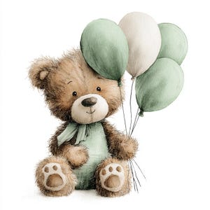 Puede incluir: Ilustración en acuarela de un oso de peluche marrón sosteniendo globos verdes y blancos. El oso lleva una bufanda y un peto verdes. La imagen tiene un estilo suave y caprichoso, ideal para la decoración infantil.