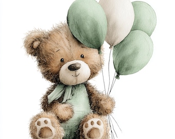 May include: A watercolour illustration of a brown teddy bear holding green and white balloons. The bear wears a green scarf and overalls. The image has a soft, whimsical style, suitable for nursery decor or children's products.