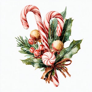 Könnte beinhalten: Aquarell-Illustration eines weihnachtlichen Arrangements mit zwei rot-weiß gestreiften Zuckerstangen, Stechpalmenblättern, roten Beeren und goldenen Kugeln. Ein braunes Band und ein rundes rot-weiß gestreiftes Bonbon sind ebenfalls enthalten.