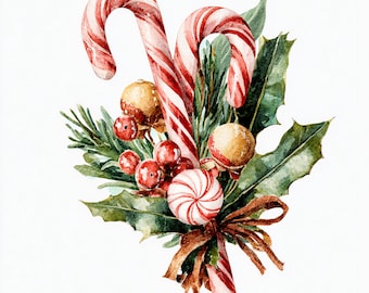 May include: A watercolour illustration of a festive arrangement. It features two red and white striped candy canes, holly leaves, red berries, and gold baubles. A brown ribbon and a round, red and white striped sweet are also included.