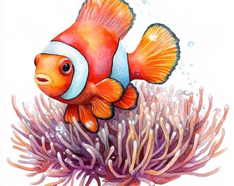 10 Printable clownfish, watercolor clownfish art, Nautical JPGs, clownfish print, High Quality PNG and JPG, Colorful Fish