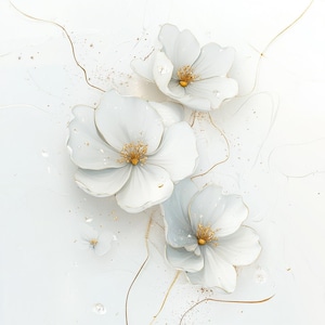 May include: A close-up of white flowers with gold accents. The petals are soft and layered, with a delicate texture. The flower centers are a warm gold color. The background is a soft white with gold lines and specks.